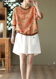 Orange Print Patchwork Linen T Shirt O Neck Short Sleeve