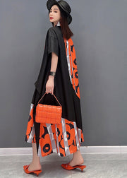 Orange Print Patchwork Oversized Dresses Stand Collar Short Sleeve