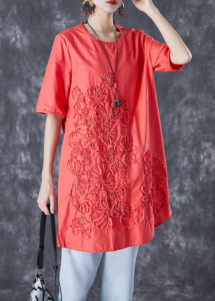Orange Red Linen Mid Dresses Embroidered Summer
