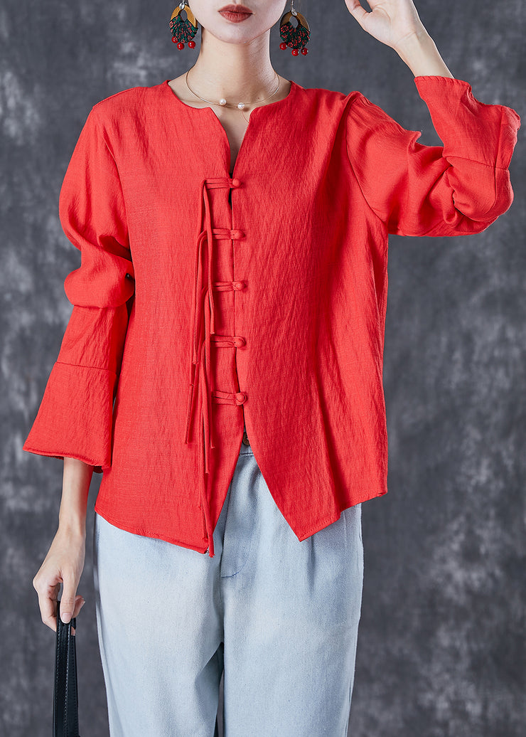 Orange Red Linen Shirt Tasseled Chinese Button Flare Sleeve