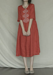 Orange Rot O-Neck Patchwork Leinen langes Kleid mit kurzen Ärmeln
