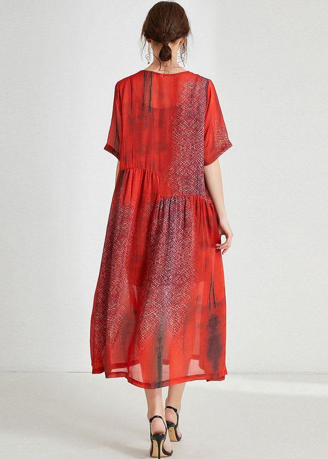 Orange Red Print Loose Half Sleeve Summer Dress - SooLinen