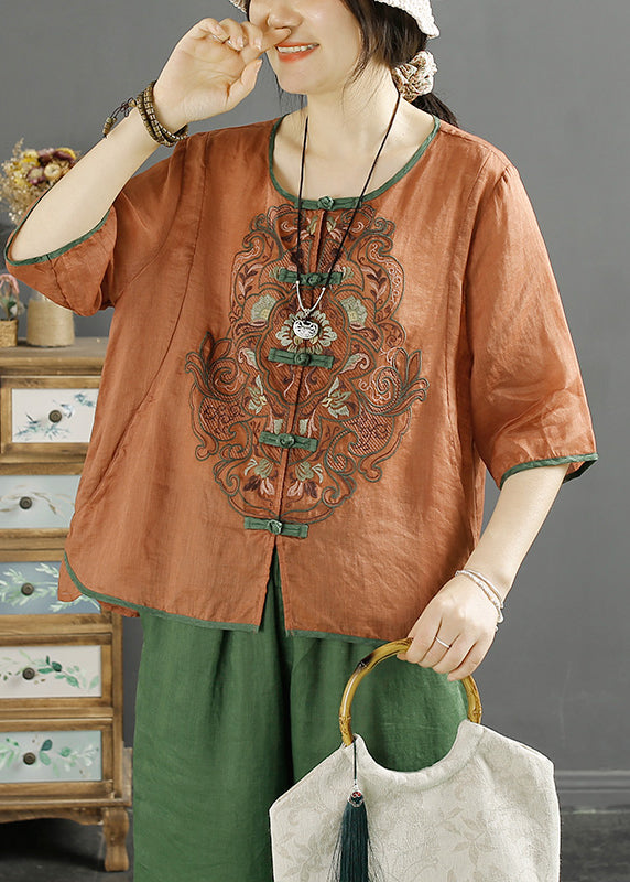 Orange Retro Linen Shirt Embroidered Chinese Button Summer