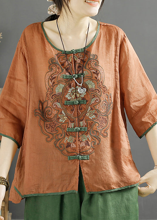Orange Retro Linen Shirt Embroidered Chinese Button Summer