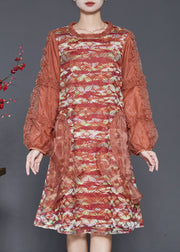 Orange Silk Mid Dress Ruffled Embroidered Spring