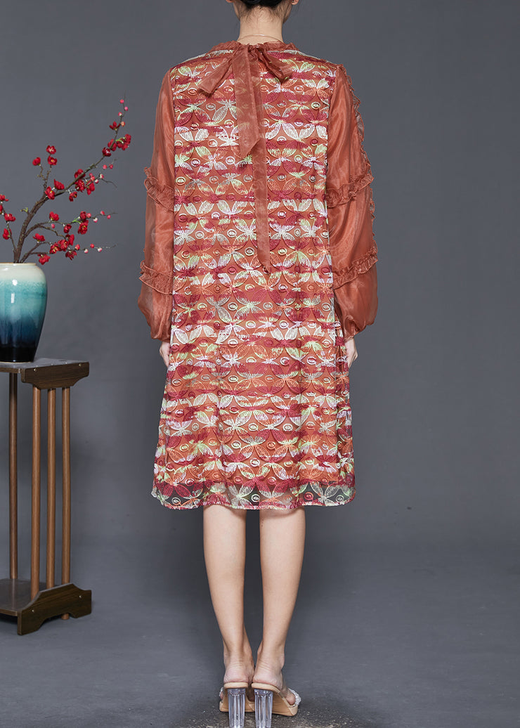 Orange Silk Mid Dress Ruffled Embroidered Spring