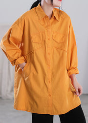 Orange einfarbiges Patchwork-Baumwollhemd mit asymmetrischen Taschen, langen Ärmeln