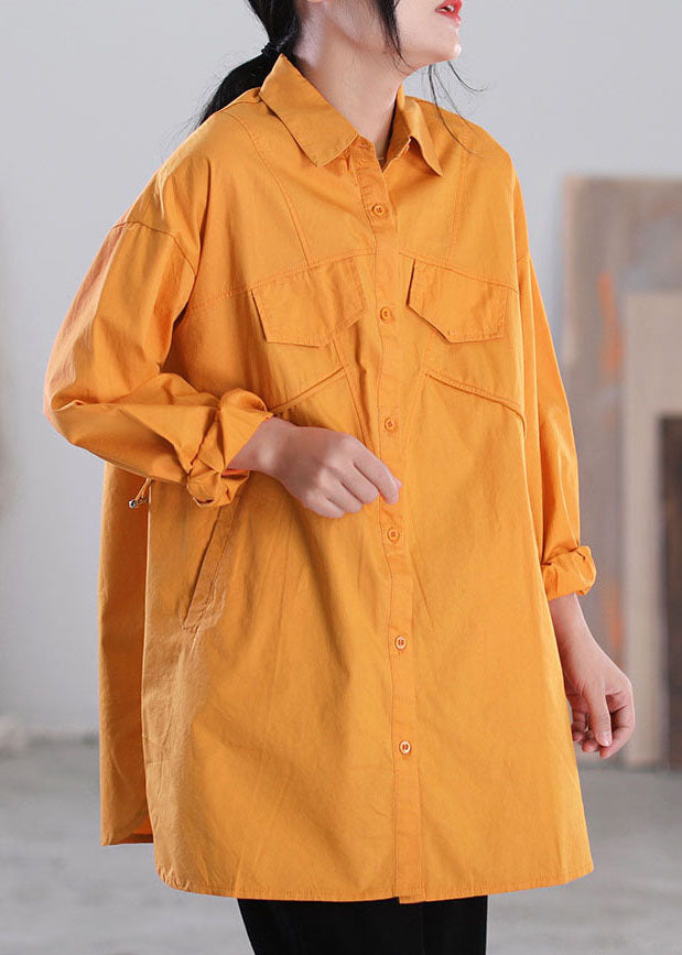 Orange Solid Color Patchwork Cotton Shirt Tops Asymmetrical Pockets Long Sleeve