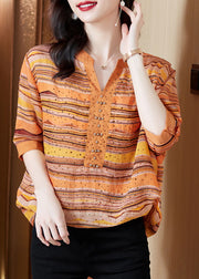 Orange Striped Cotton Shirt V Neck Color Diamond Short Sleeve