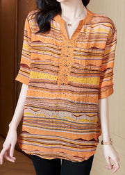 Orange gestreiftes Baumwollhemd mit V-Ausschnitt, Farbdiamant, Kurzarm