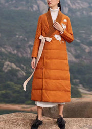 Orange Thick Duck Down Puffers Coat Embroidered V Neck Winter