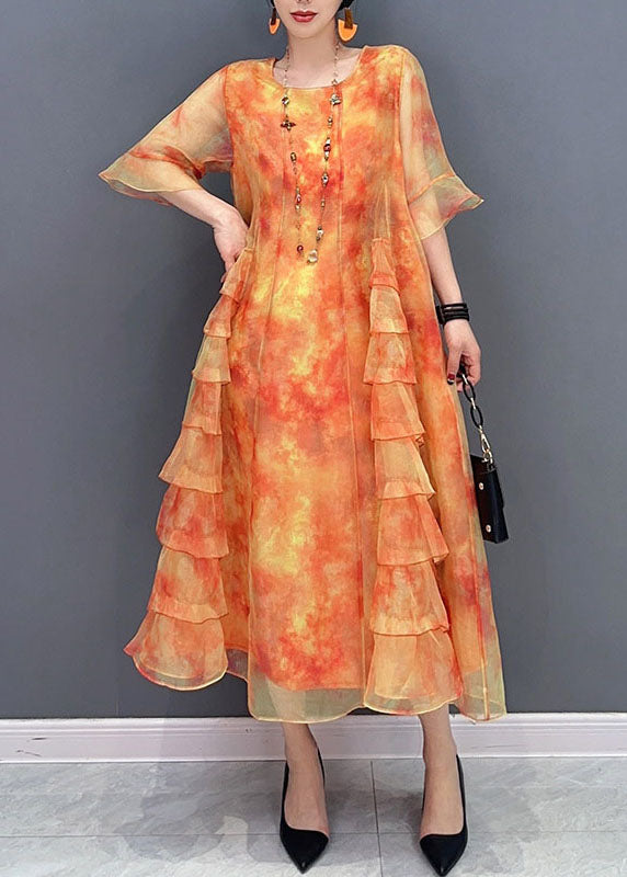 Orange Tie Dye Patchwork Chiffon Dresses O Neck Ruffled Summer