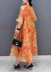 Orange Tie Dye Patchwork Chiffon Dresses O Neck Ruffled Summer