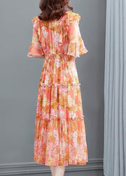 Orange V Neck Print Ruffled Wrinkled Silk Party Long Dress Flare  Sleeve