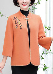Orange Woolen Cardigans Embroidered Stand Collar Winter