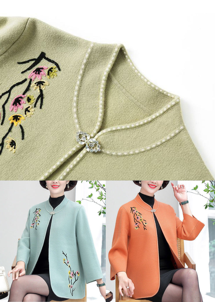 Orange Woolen Cardigans Embroidered Stand Collar Winter
