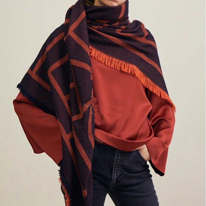 Orange geometric big scarf shawl thickened autumn and winter double-sided dual-use - SooLinen