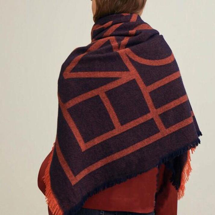 Orange geometric big scarf shawl thickened autumn and winter double-sided dual-use - SooLinen
