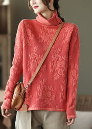 Orange thick Knit Sweater Tops Jacquard Spring