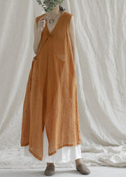 Orangefarbenes, asymmetrisches, ärmelloses Leinenkleid mit Taillenbund