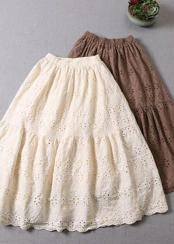 Organic Apricot Hollow Out Embroideried Fall Patchwork Skirts - SooLinen