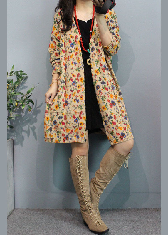 Organic Apricot V Neck Print Button Fall Floral Sweater Cardigans