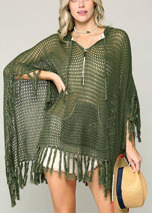 Organic Army Green knit fabric hooded Tassel Beach Gown Holiday Dress - SooLinen