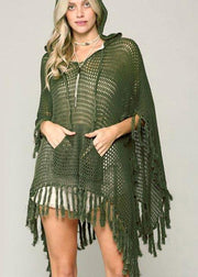 Organic Army Green knit fabric hooded Tassel Beach Gown Holiday Dress - SooLinen
