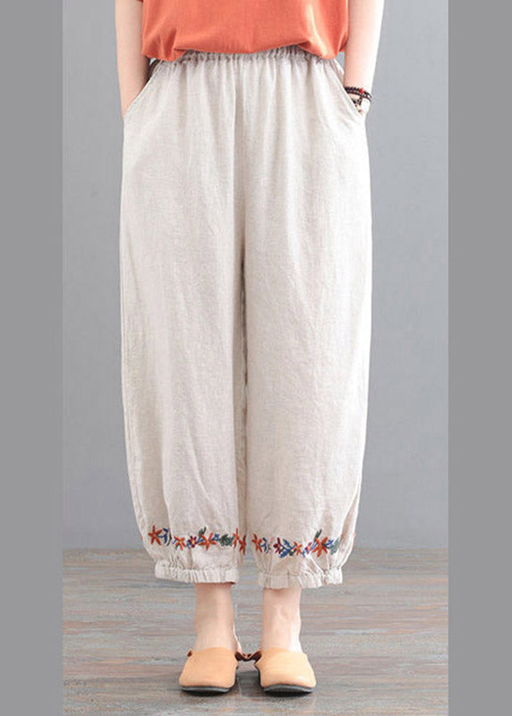 Organic Beige Embroidered Floral Pockets Crop Pants Summer