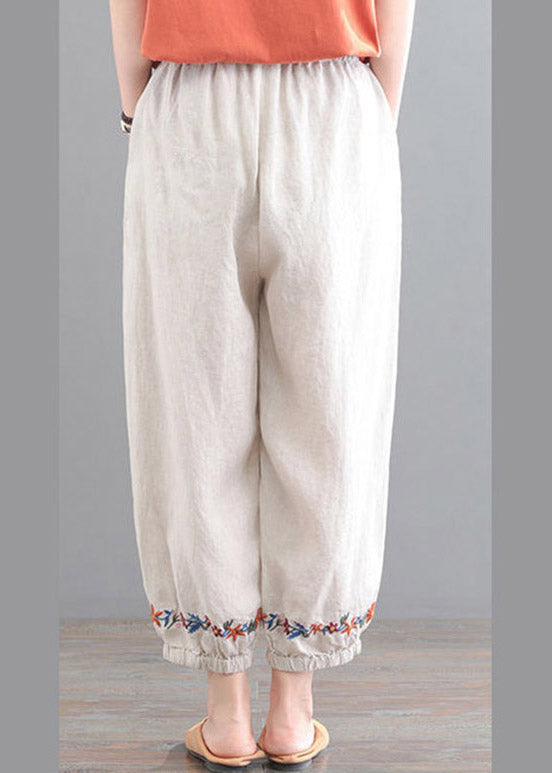 Organic Beige Embroidered Floral Pockets Crop Pants Summer