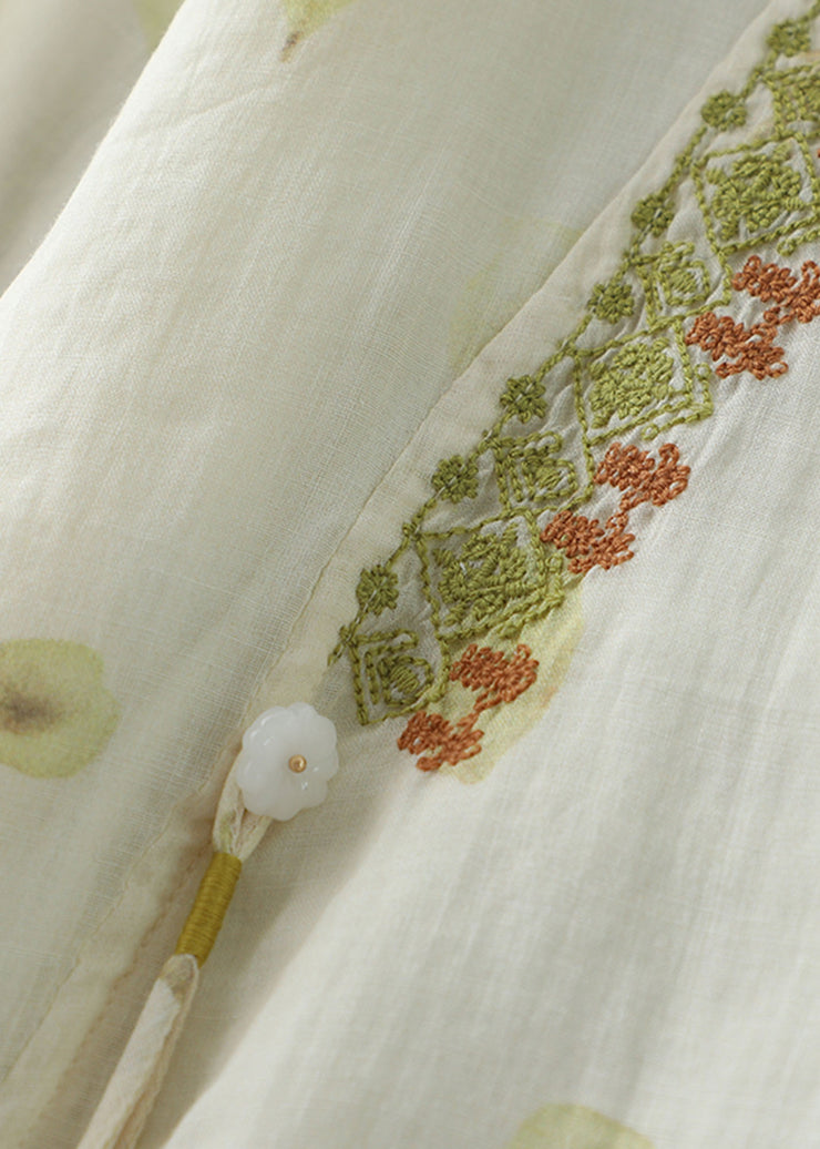 Organic Beige Embroidered Patchwork Linen T Shirt Top Summer