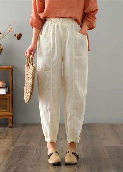 Organic Beige High Waist Harem Cotton Linen Pants Summer - SooLinen