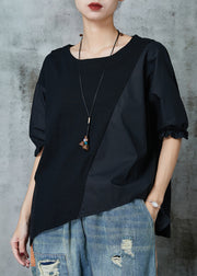 Organic Black Asymmetrical Patchwork Cotton Shirt Half Sleeve