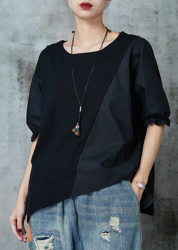 Organic Black Asymmetrical Patchwork Cotton Shirt Half Sleeve
