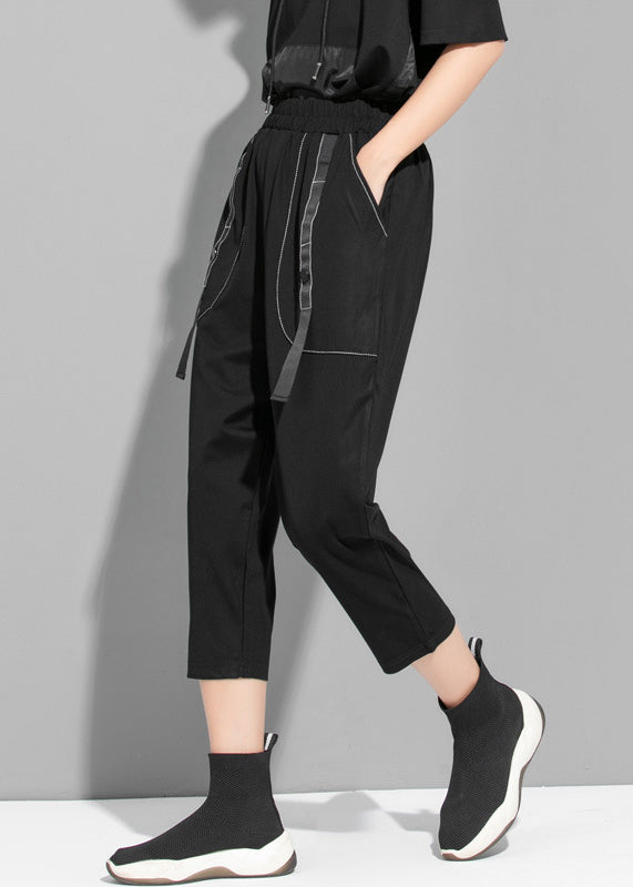 Organic Black Asymmetrical Pockets Patchwork Elastic Waist Cotton Harem Pants Summer