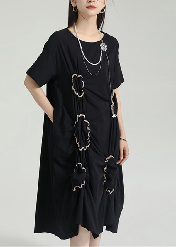 Organic Black Asymmetrical Wrinkled Patchwork Cotton Dress Summer