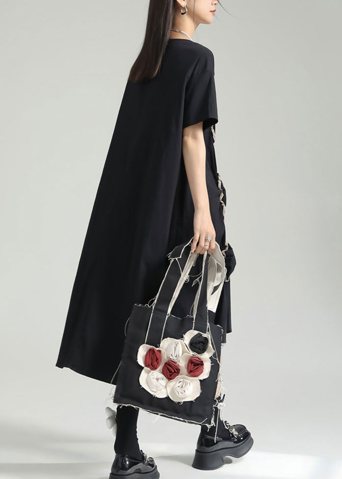 Organic Black Asymmetrical Wrinkled Patchwork Cotton Dress Summer