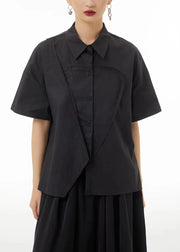 Organic Black Asymmetrical Wrinkled Side Open Cotton Shirt Summer