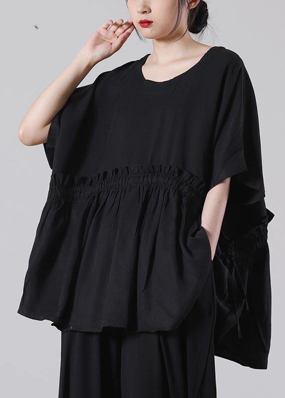 Organic Black Batwing Sleeve Cotton Summer Shirts - SooLinen