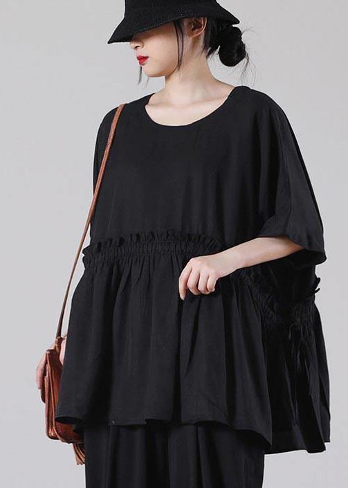 Organic Black Batwing Sleeve Cotton Summer Shirts - SooLinen