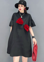 Organic Black Short Bow Patchwork-Baumwoll-Mid-Kleid mit kurzen Ärmeln