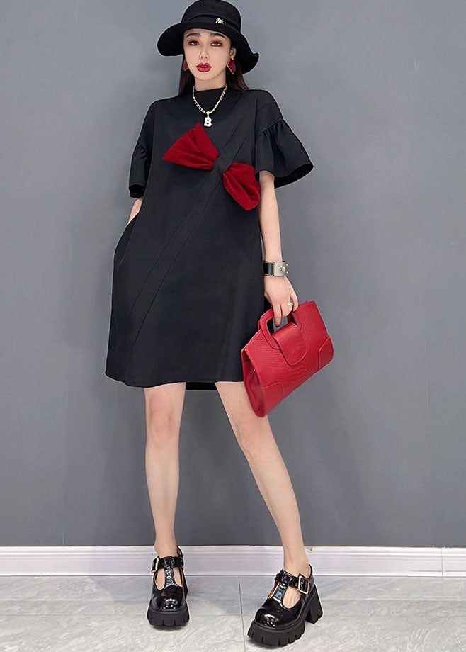 Organic Black Short Bow Patchwork-Baumwoll-Mid-Kleid mit kurzen Ärmeln