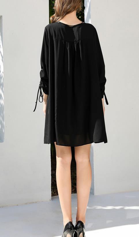 Organic Black Cinched Chiffon O-Neck Hollow Out Summer Party Dress - SooLinen