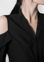 Organic Black Cold Shoulder V Neck Long sleeve Top - SooLinen