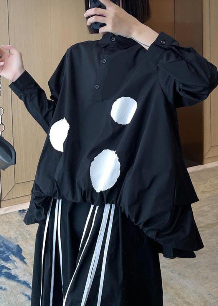 Organic Black Dot Cinched low high design Cotton Shirt Tops - SooLinen