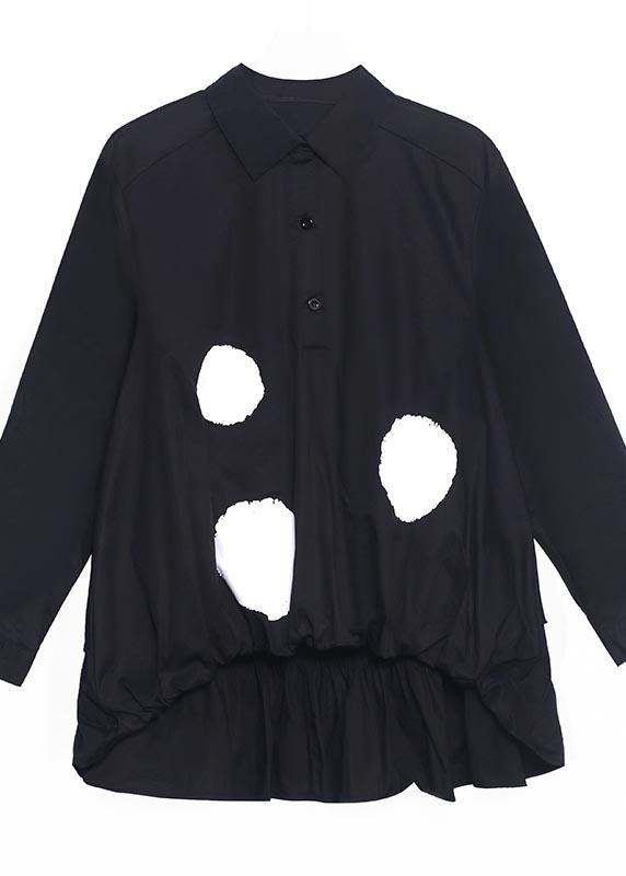 Organic Black Dot Cinched low high design Cotton Shirt Tops - SooLinen