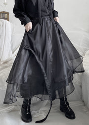 Organic Black Elastic Waist Layered Organza Maxi Skirt