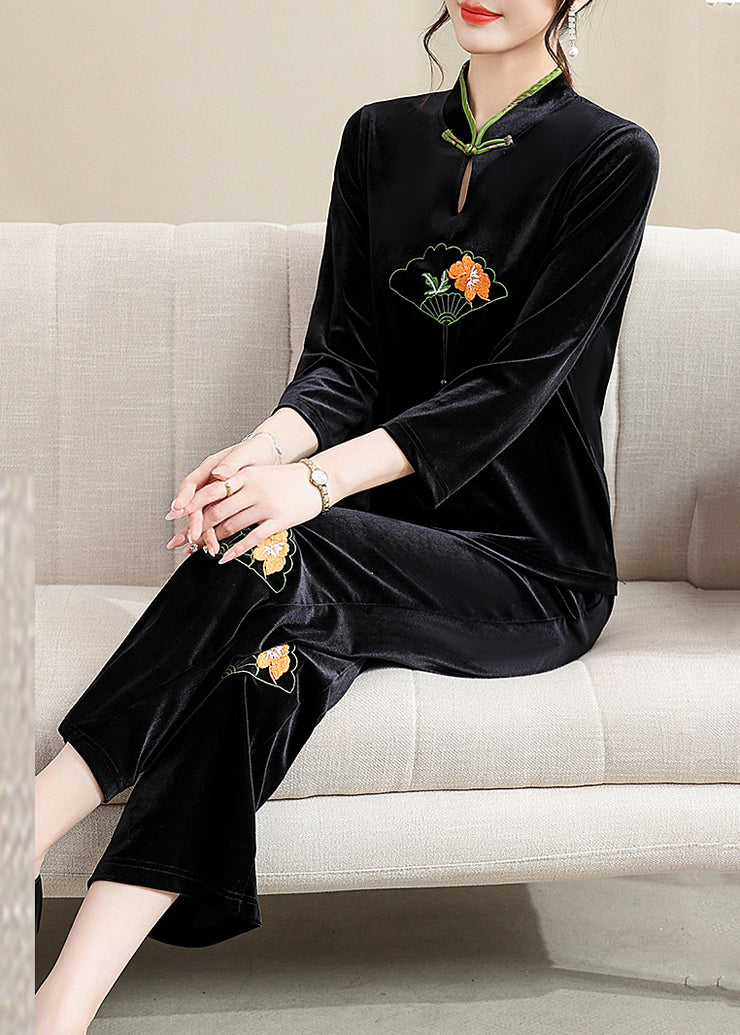 Organic Black Embroidered Button Silk Velour Two Piece Set Fall