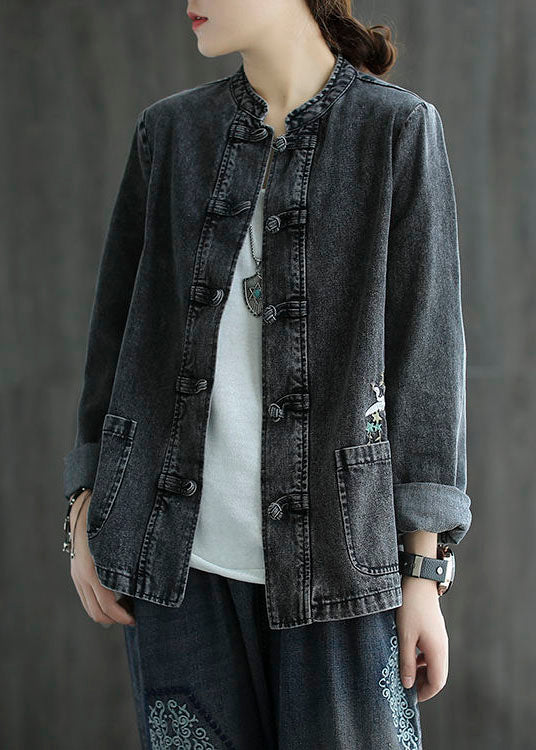 Organic Black Embroidered Patchwork Chinese Button Denim Coats Spring