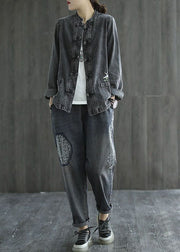 Organic Black Embroidered Patchwork Chinese Button Denim Coats Spring